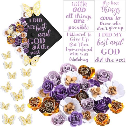 40 PCS DIY Cap Cap Decoration Kit تشمل Faux Paper Flower Head Traduation Treguation QUOTE GLITTER LATCHER 3D Butterfly DIY ATT FOR GRART CAP GIFT (Blue) in Saudi Arabia