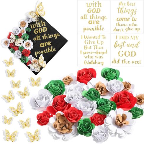 40 PCS DIY Cap Cap Decoration Kit تشمل Faux Paper Flower Head Traduation Treguation QUOTE GLITTER LATCHER 3D Butterfly DIY ATT FOR GRART CAP GIFT (Blue) in Kuwait