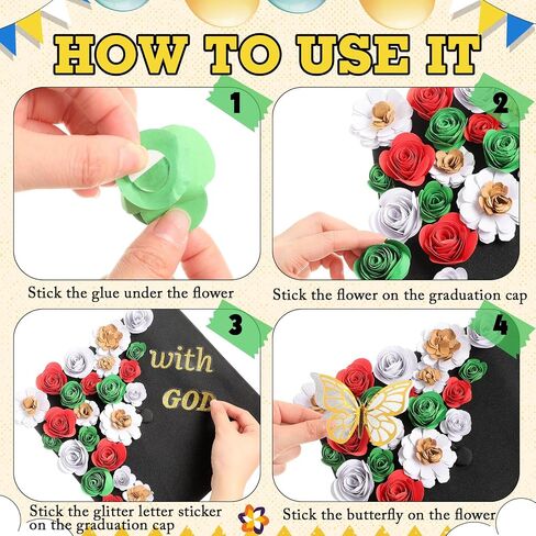 40 PCS DIY Cap Cap Decoration Kit تشمل Faux Paper Flower Head Traduation Treguation QUOTE GLITTER LATCHER 3D Butterfly DIY ATT FOR GRART CAP GIFT (Blue) in Kuwait