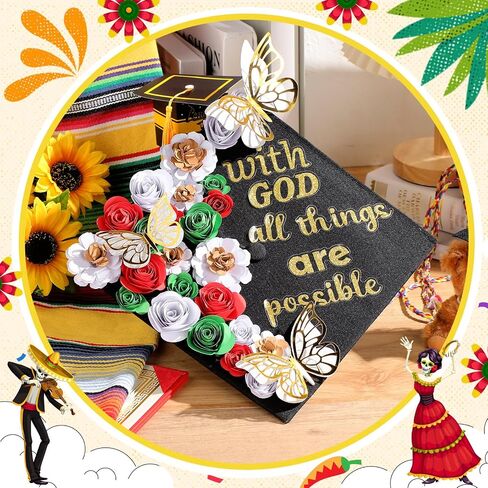 40 PCS DIY Cap Cap Decoration Kit تشمل Faux Paper Flower Head Traduation Treguation QUOTE GLITTER LATCHER 3D Butterfly DIY ATT FOR GRART CAP GIFT (Blue) in Kuwait