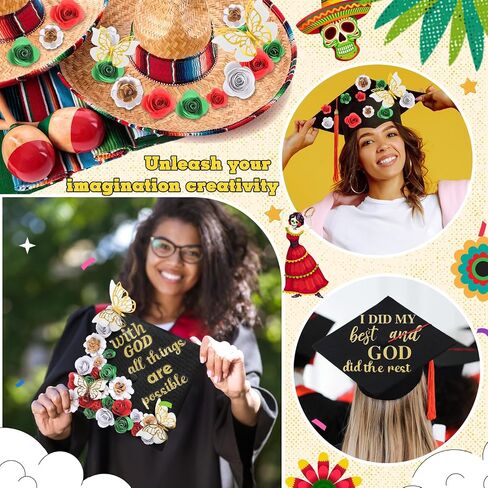 40 PCS DIY Cap Cap Decoration Kit تشمل Faux Paper Flower Head Traduation Treguation QUOTE GLITTER LATCHER 3D Butterfly DIY ATT FOR GRART CAP GIFT (Blue) in Kuwait