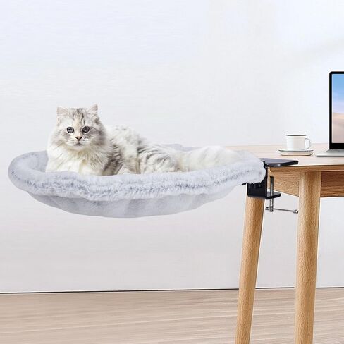 Rotating Cat Desk Bed Attachment,Cat Desk Perch Removable Washable Plush Material,Iron Frame Adjustable，Supports 44lbs for Office Home Work (Grey) in Saudi Arabia