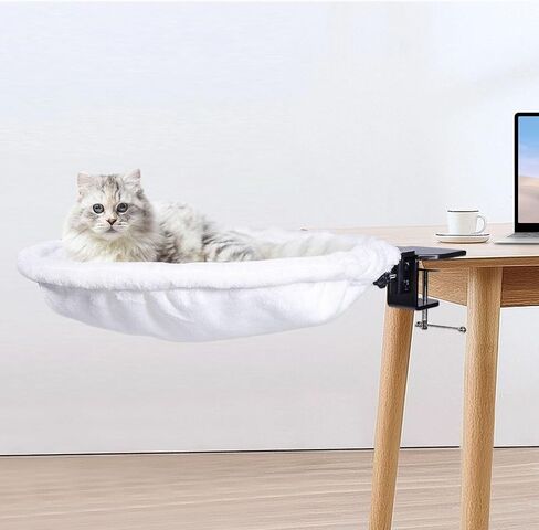 Rotating Cat Desk Bed Attachment,Cat Desk Perch Removable Washable Plush Material,Iron Frame Adjustable，Supports 44lbs for Office Home Work (Grey) in Saudi Arabia