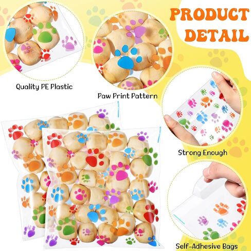 Pasimy 200 PCS Paw Plastic Facs Pet Cellophane الأكياس التي لاصق ذاتيًا واضحة لعلاج الأبقار للحيوانات الأليفة Dog Supplies Supplies (Clate Colorful) in Kuwait