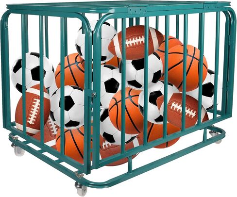 Sports Equipment Organizer Foldable Mental Sports Ball Storage Cart with Lid and Wheels Rolling Ball Cart for Gym, School, Indoor and Outdoor, Black in Kuwait