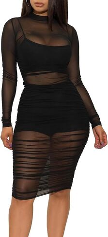 Women 3 Piece Outfits Sexy Crop Top Short Set Mesh See-Through Ruched Bodycon Midi Dress Clubwear in Kuwait
