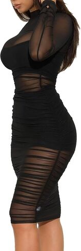 Women 3 Piece Outfits Sexy Crop Top Short Set Mesh See-Through Ruched Bodycon Midi Dress Clubwear in Kuwait