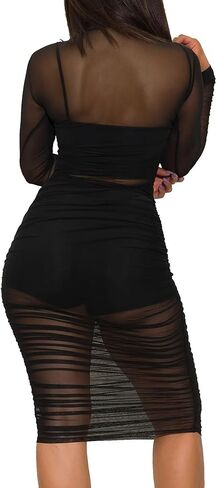 Women 3 Piece Outfits Sexy Crop Top Short Set Mesh See-Through Ruched Bodycon Midi Dress Clubwear in Kuwait