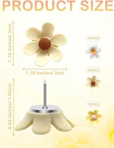 Cute Flower Push Pins,30 Pcs Decorative Push Pins for Cork Board Yellow and White Fun PushPins for Bulletin Boards Flower Thumb Tacks for Wall Photos,Posters,Map Pins Offices Schools Supplies in Kuwait