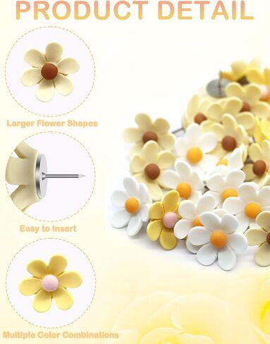 Cute Flower Push Pins,30 Pcs Decorative Push Pins for Cork Board Yellow and White Fun PushPins for Bulletin Boards Flower Thumb Tacks for Wall Photos,Posters,Map Pins Offices Schools Supplies in Kuwait