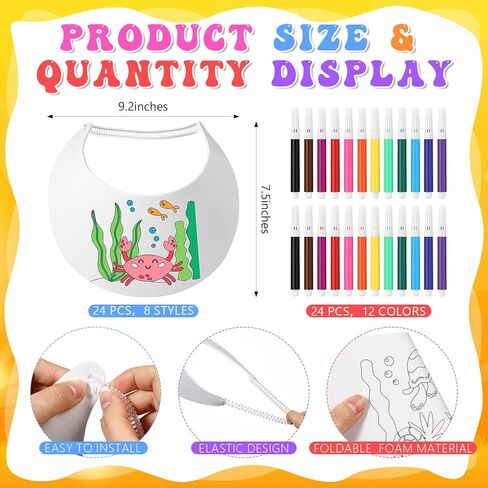 24 Sets End of Year Student Gifts, Color Your Own Foam Visors with Pens DIY Coil Visors Summer DIY Crafts for Kids Children(Beach) in Kuwait