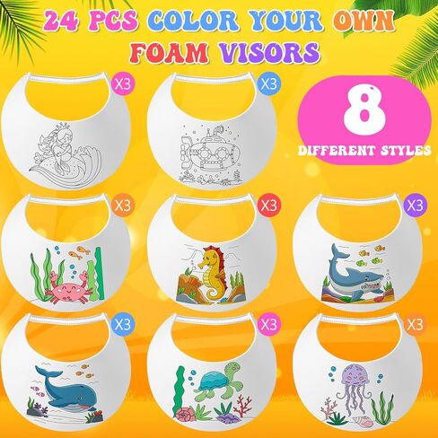 24 Sets End of Year Student Gifts, Color Your Own Foam Visors with Pens DIY Coil Visors Summer DIY Crafts for Kids Children(Beach) in Kuwait