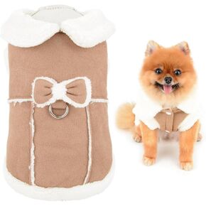 SMALLLEE_LUCKY_STORE Fleece Dog Coat for Small Dog Girls, Pet Harness Jacket with Bow and D-Ring, Soft Vest Fall Winter Clothes with Fuzzy Collar Chihuahua Yorkie Cat Apparel, Khaki, M in Kuwait