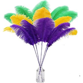 Holmgren 60pcs Gold Green Purple Ostrich Feathers 22 inch Mardi Gras Feathers Making Kit for Mardi Gras Masquerade Party Table Centerpiece Decorations