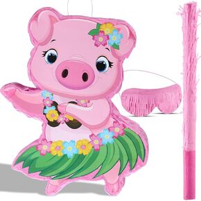 Threan Small Pig Piñata Hawaiian Party Decorations Pink Pig Piñata مع عصا معصوبة العينين في صيف هاواي ألوها الاستوائية لوازم عيد ميلاد ، 16.5 × 12.4 × 3.1 بوصة