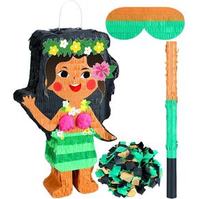 Hawaiian Girl Piñata with Stick and Blindfold Confetti Hawaiian Party Decorations Summer Piñata for Pool Beach Summer Theme Parties Fiestas Decorations Party Favors