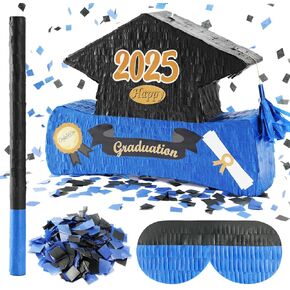 2025 Graduation Piñata with Stick,Blindfold,Confetti - 15.8 Inch Congrats Grad Cap Piñata Black Blue End of Year Piñata Party Decoration for Kindergarten School Elementary College Games