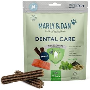 Marly & Dan Dental Care Care Sticks ، فوائد 5 في 1 لصحة نظام الأسنان والمناعة ، والسلمون ، والنعناع والشاي الأخضر ، ومضغ الكلاب (الكلاب الصغيرة ، والسلمون)