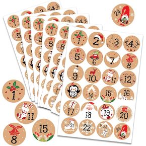 Howaf 192pcs ملصقات رقم عيد الميلاد ، العد التنازلي لمدة 24 يومًا ، تقويم DIY وملصقات إغلاق الهدايا ، 8 صفائح ، 4 سم