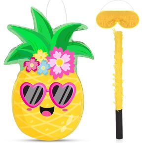 Threan Small Pineaple Piñata Summer Fruit Piñata مع الخفافيش المعصوفة للاختراق في هاواي الاستوائية لودو إمدادات الأناناس ، 16.5 × 11.2 × 3.1 بوصة