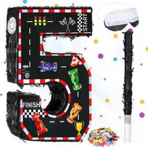 Sratte Race Car Number Piñata Small Racing Piñata مع Batfold Bat و Contepti for Boy Race Car تحت عنوان عيد ميلاد اللوازم حفلات الاحتفال بالذكرى 16.1 × 10 × 3 بوصة (رقم 5)