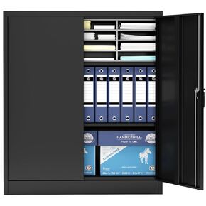 CuisinSmart Large Metal Storage Cabinet, Lockable File Cabinet with 2 Doors and 2 Shelves, Steel Storage Cabinet for Home Office Garage Warehouse Black