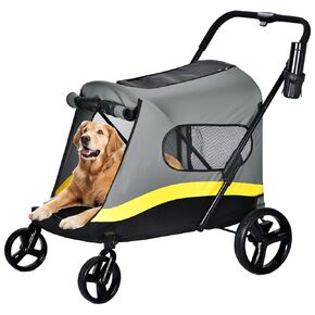 Dog Stroller for Large Dogs, One-Click Folding Large Pet Stroller for Medium Dog with One-Foot Brake for 2 Dogs, Up to 170 lbs (Yellow-Gray)