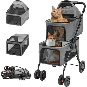 BDL Double Dog عربة مع 4 عجلات ل 2 Dog & Cats ، تشمل شركة نقل قابلة للإزالة للحيوانات الأليفة الصغيرة/المتوسطة (رمادي)