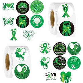 FEBSNOW Mental Health Awareness Stickers, 600Pcs Green Ribbon Awareness Sticker 2 Roll Self Adhesive Mental Health Decal Sticker Envelope Sealer for Men Women Adult Teenagers Office School Event Gifts