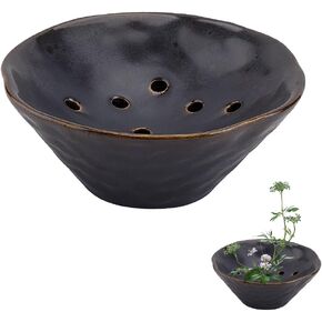 AHANDMaker Black Ceramic Vase Bowl Shape Ploral Holder Sceramics وعاء زهرة ، جولة Ikebana Kenzan Flower Frog لترتيب الأزهار