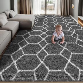 Area Rug for Living Room Bedroom, 4X6 Feet Soft Shaggy Rug, Plush Fluffy Rugs, Modern Moroccan Geometric Carpets, Anti-Skid Durable Carpet for Kids Dorm Nursery, Home Decor Aesthetic, White and Beige