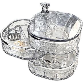 Jewelry Organizer, 3 Layers Clear Rotating Jewelry Box, Small Jewellery Box, Earring Holder with Lid for Earring Organizer, Various Compartments for Rings, Earrings, Necklace, Bracelets
