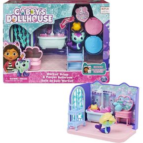 Gabby's Dollhouse, Primp and Pamper Bathroom with Mercat Figure, 3 Accessories, 3 Furniture Pieces and 2 Deliveries, Kids’ Toys for Ages 3 and Above