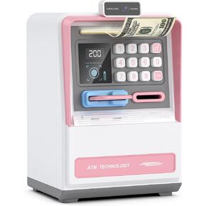 قم بتصنيف ATM Piggy Bank مع الوصول إلى كلمة المرور ، و Automatic Bill Roller ، و Bank Electronic Coin Money For Kids ، و Coin Slot ، وكلمة المرور القابلة للتخصيص - مربع توفير الأموال الذكية للأطفال (الوردي)