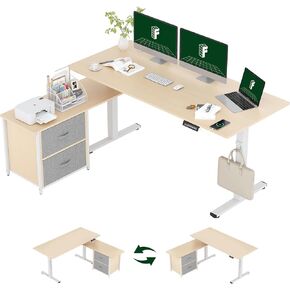 FLEXISPOT 55'' L Shaped Standing Desk with Drawers and Shelves, Large Corner Stand Up Desk with Headphone Hooks for Home Office, Black Top+ Black Frame