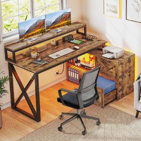 YITAHOME L Shaped Desk with Power Outlets, 55" Computer Desk with Drawers and File Cabinet, Corner Office Desks with LED Lights & Monitor Stand for Home Office, Rustic Brown