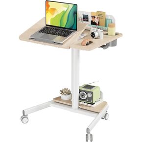 JOY worker Mobile Standing Desk with 60° Tiltable Desktop, 28" Height Adjustable Rolling Desk, DIY Pegboard & Storage Base, Portable Laptop Desk with 4 Lockable Wheels for Home Office, Oak