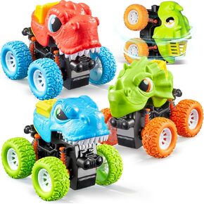Dinosaur Toys for 2 3 4 5 Year Old Boys - 3 Pack Monster Truck Toys with Friction Power 360° Rotating Push and Go Cars - Bumping Up and Down Action, Christmas Birthday Gifts for Kids 3-5