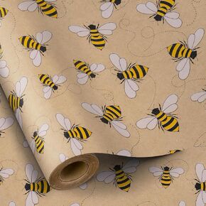 RUSPEPA Bee Wrapping Paper Roll, Mini Roll, Honey Bee Design Kraft Gift Wrap Paper Great for Birthday, Party, Holiday, Baby Shower, 17 Inches X 16.4 Feet