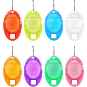 Uniclife 24 Pack Oval Key Tags ملونة علامات سلسلة مفاتيح بلاستيكية صعبة مع ملصقات الورق المحكوم واضحة واضحة ونوافذ تقسيم معرفات العناصر القوية ، 8 ألوان