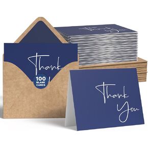 VNS Creations شكرًا لك بطاقات مع الأظرف مجموعة وملصقات - 100 Pack 4x6 فارغة شكرًا لك على مجموعة مربع بالجملة - بطاقة ملاحظة كبيرة ، أعمال زفاف ، دش الطفل ودش الزفاف - Navy Blue