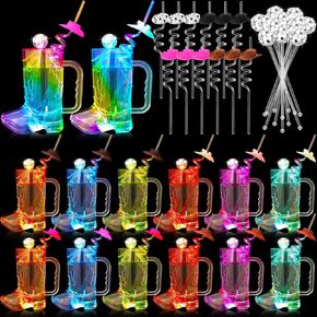 36 مجموعات LED COWBOY BOOT CUPS 17 OZ بما في ذلك 12 أكواب مشروب رعاة البقر 12 HAT Straws 12 مرآة DISCO BALL FIRDRERS للموضوع الغربي لحفلة عيد ميلاد البكالوريوس (LED ملونة)