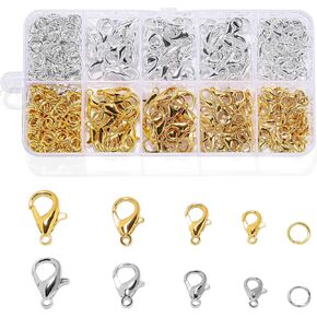 660pcs Claw Claw Clasps ومجموعة حلقات القفز المفتوحة ، 4 أحجام من مشابك المجوهرات الذهبية والفضية ، قفلات سرطان البحر لصنع المجوهرات ، سلاسل المفاتيح وسوار