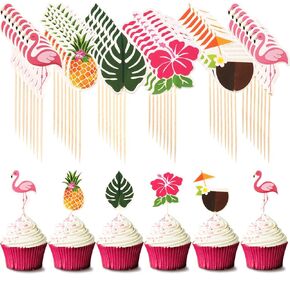 زينة الكعك Topcake Luau Cupcake تزيين الكعكة الاستوائية العصي مسواك هاواي مع أوراق نخيل الأناناس الفلامنغو لختامات الشاطئ الصيفية