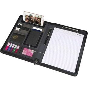 Business & Travel Padfolios مع بنك الطاقة 8000mAh ، شحن سلكي وشحن لاسلكي 15 واط ، 16G قرص فلاش USB ، A4 Notepad ، تخزين PAD ، من أجل Pad. Wallet و Business Card حامل (أسود)
