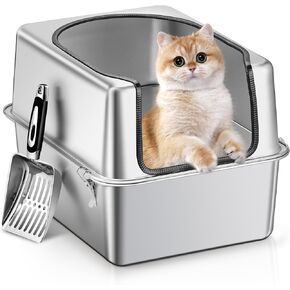 Stainless Steel Litter Box for Kittens & Small Cats – Durable All-Metal, Easy to Clean, Odor Control, Non-Stick, with Scoop (Black)