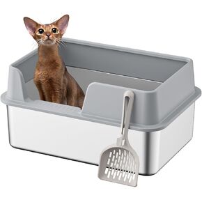 Stainless Steel Cat Litter Box with Lid,19.7"L x 13.8"W x 9.9"H Deep，Metal Litter Box with high Sides,with Litter Scoop,Non-Sticky,Anti-Leakage,No Smell,Easy Cleaning (Grey 2PCS, Large)