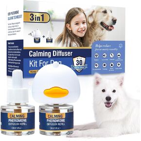 3 in 1 Dog Pheromones Calming Diffuser Tasteless Pet Appeasing Pheromone Diffuser to Calm Kit for Relieve Separation Anxiety Stress Barking Fighting 60 Day Supply (Plug in+ 2 Pack 48ml Refill)
