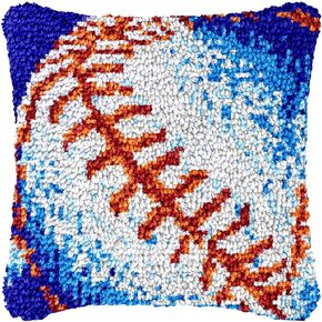 White Blue Baseball Latch Hook Pillow Kits Printed Embroidery Pillowcase DIY Crochet Yarn Hooking Craft Rug Cushion for Home Christmas Decor and Handmade Gift 43x43cm