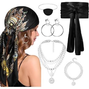 Pirate Costume Accessories for Women, Womens Captain Pirate Accessories with Bandana Head Scarf Sash Necklace (6PCS)